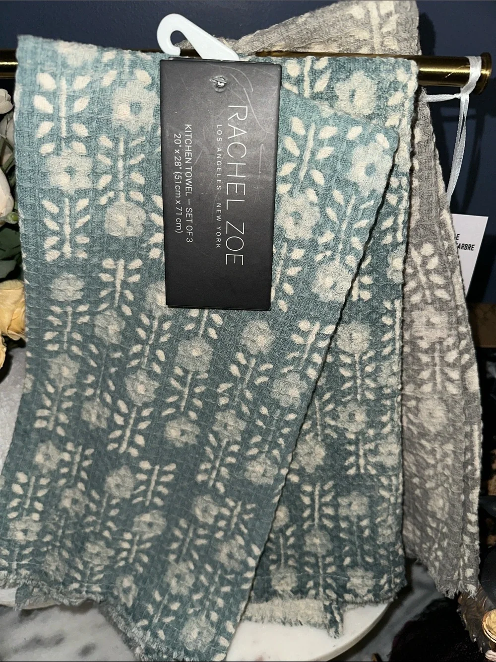 Rachel Zoe Moody  block print Floral Waffle kitchen towels set of 3